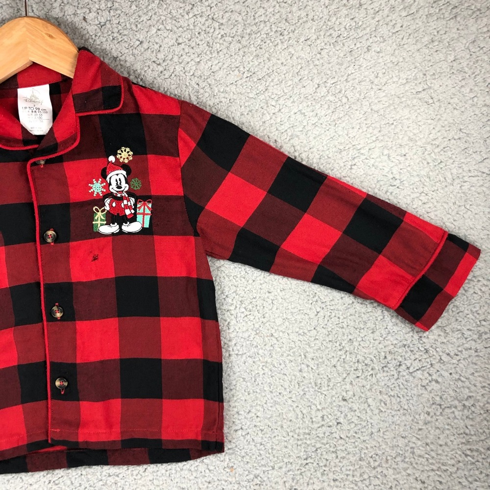Disney Mickey Mouse Christmas Pajama Top Red Black Buffalo Plaid Toddler Size 3 - Picture 6 of 13